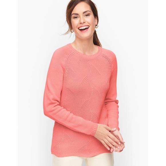 Talbots Pointelle Raglan Crew Neck Sweater XS Salmon Rose Pink Coral - Picture 1 of 10